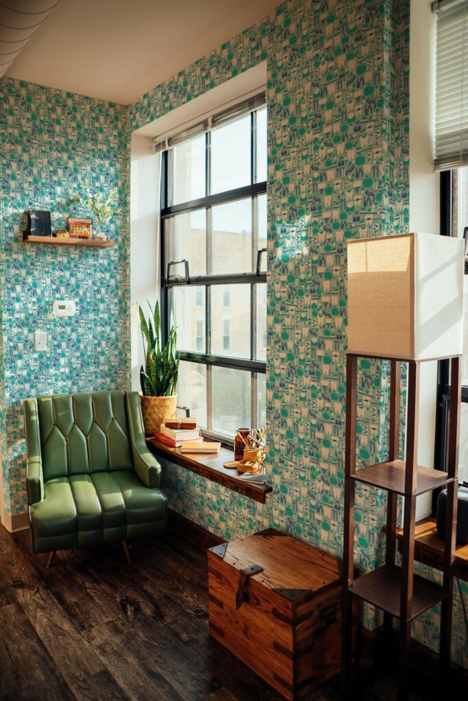 Mid-century style living room decorated with Dentist office peel and stick wallpaper