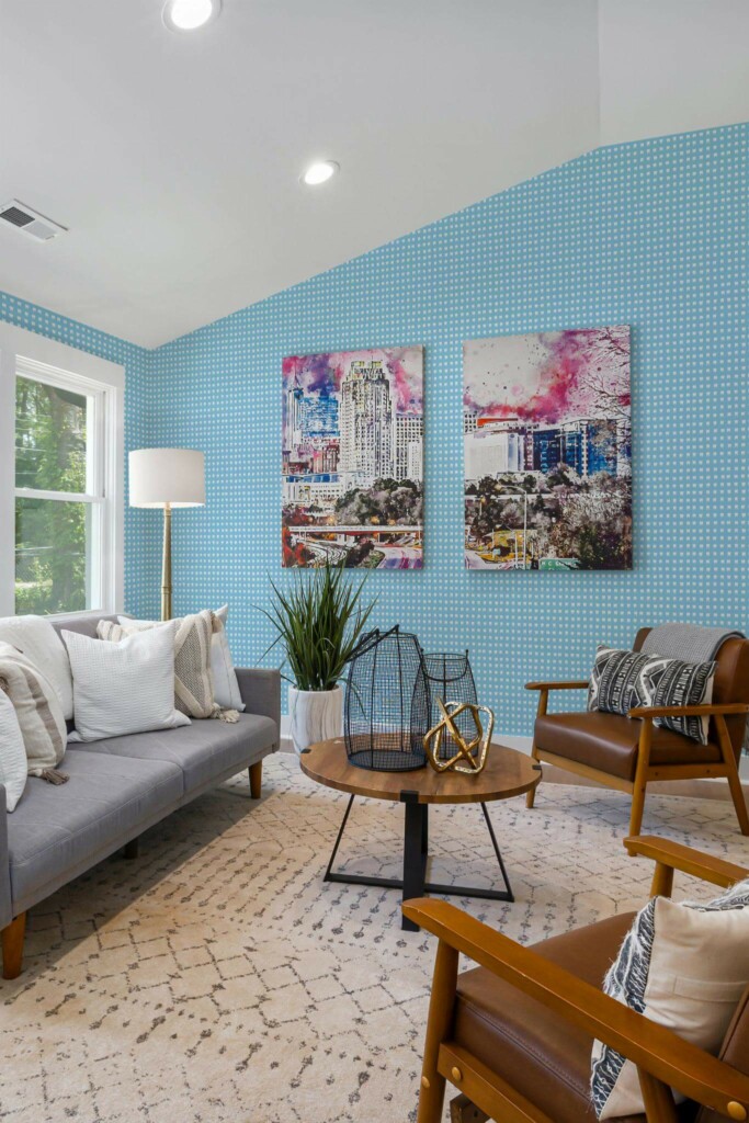 Mid-century modern style living room decorated with Dentist tooth pattern peel and stick wallpaper and colorful funky artwork