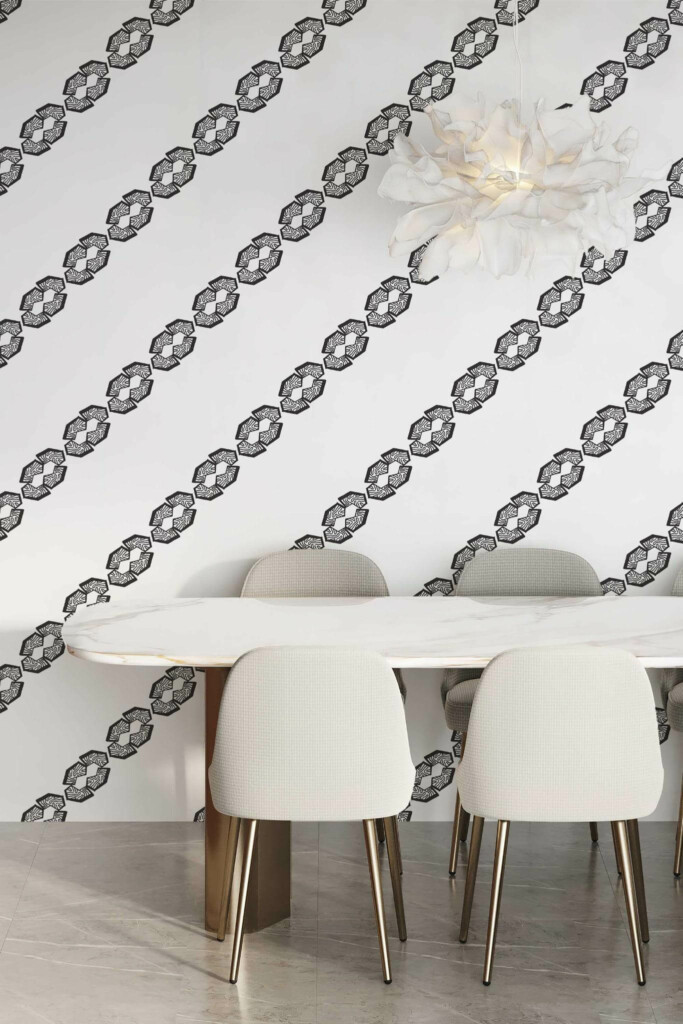 Minimal modern style dining room decorated with Diagonal abstract shape stripes peel and stick wallpaper