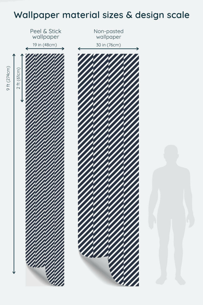 Size comparison of Diagonal broken lines Peel & Stick and Non-pasted wallpapers with design scale relative to human figure