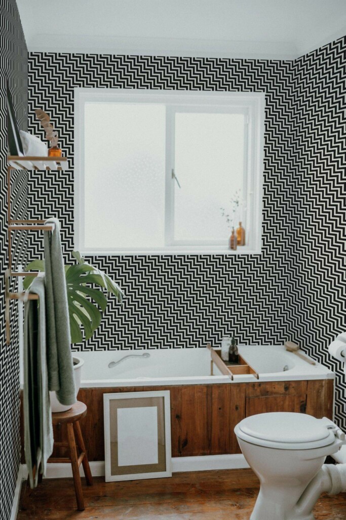 Boho farmhouse style bathroom decorated with Diagonal chevron peel and stick wallpaper