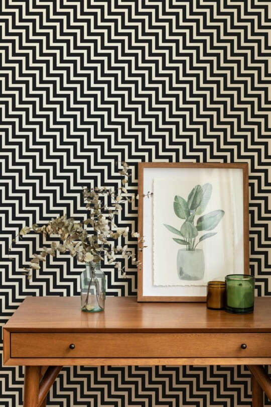 Mid-century modern style living room decorated with Diagonal chevron peel and stick wallpaper