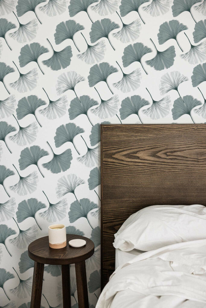 Farmhouse style bedroom decorated with Diagonal ginkgo pattern peel and stick wallpaper
