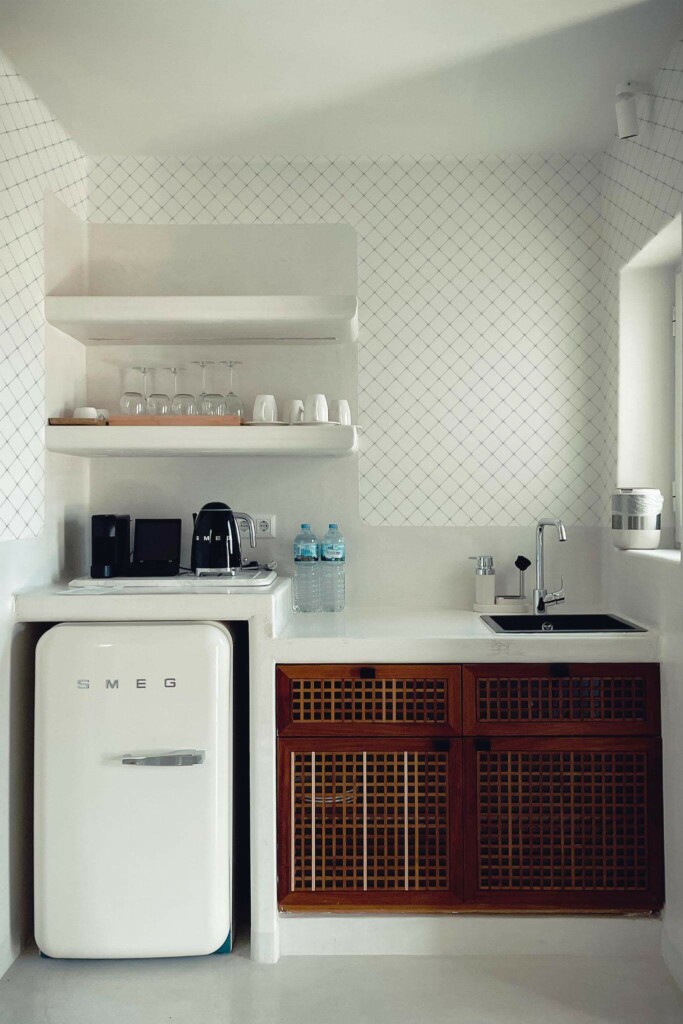 Rustic minimal style kitchen decorated with Diagonal Grid peel and stick wallpaper