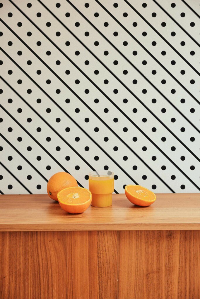 Mid-century style living room decorated with Diagonal lines and dots peel and stick wallpaper