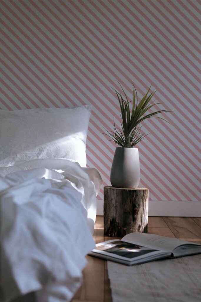 Minimal scandinavian style bedroom decorated with Diagonal lines peel and stick wallpaper