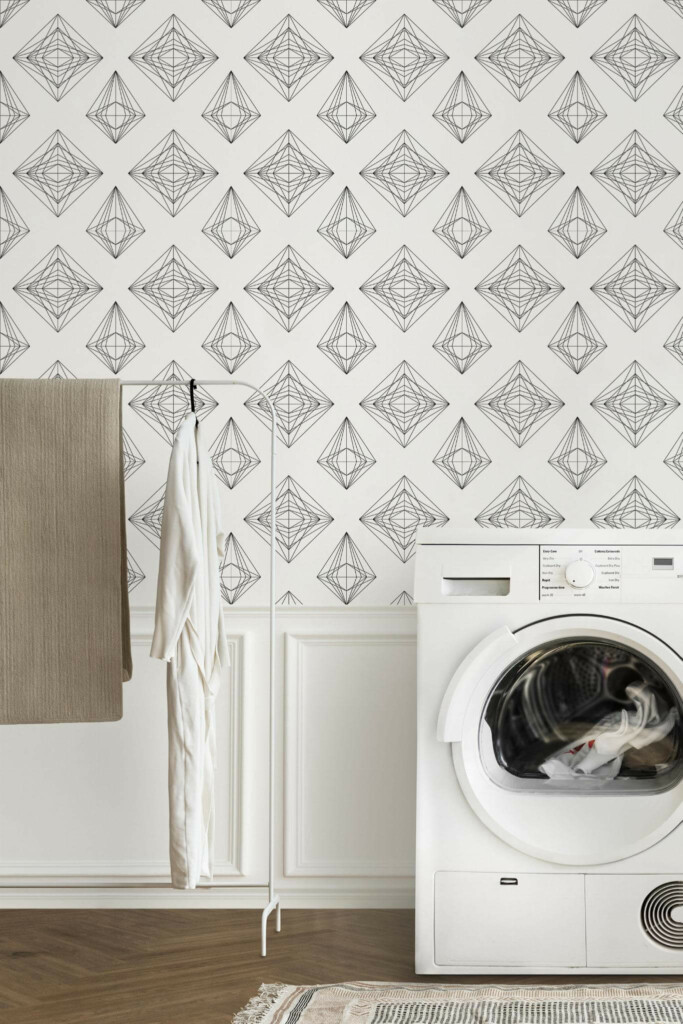Minimal modern style laundry room decorated with Diamond line art peel and stick wallpaper