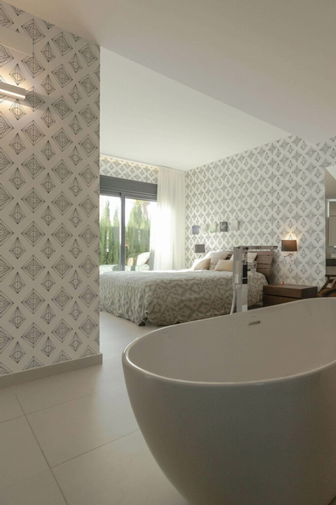 Modern style bedroom with open bathroom decorated with Diamond line art peel and stick wallpaper