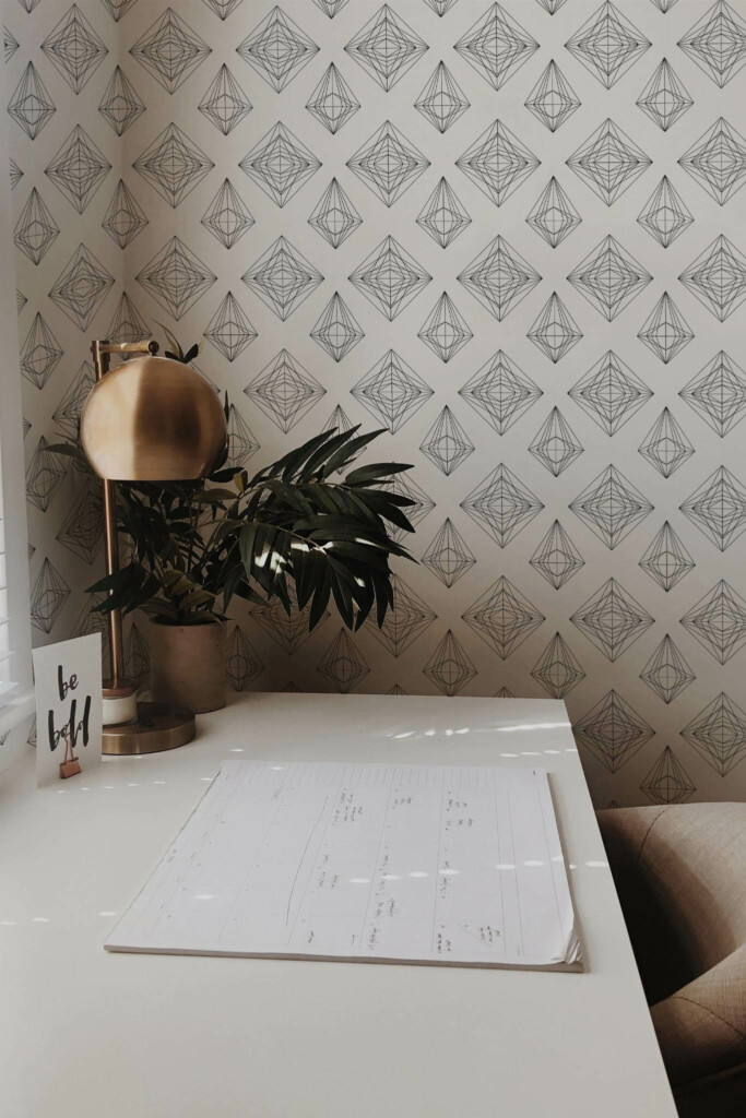 Rustic style home office decorated with Diamond line art peel and stick wallpaper