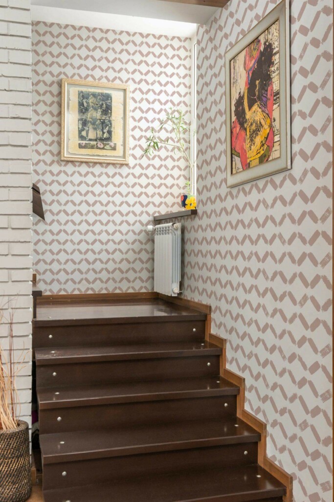 Mid-century style staircase decorated with Diamond pattern Brush stroke peel and stick wallpaper