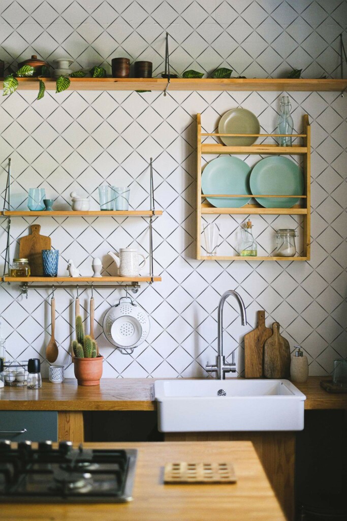 Rustic farmhouse style kitchen decorated with Diamond pattern peel and stick wallpaper