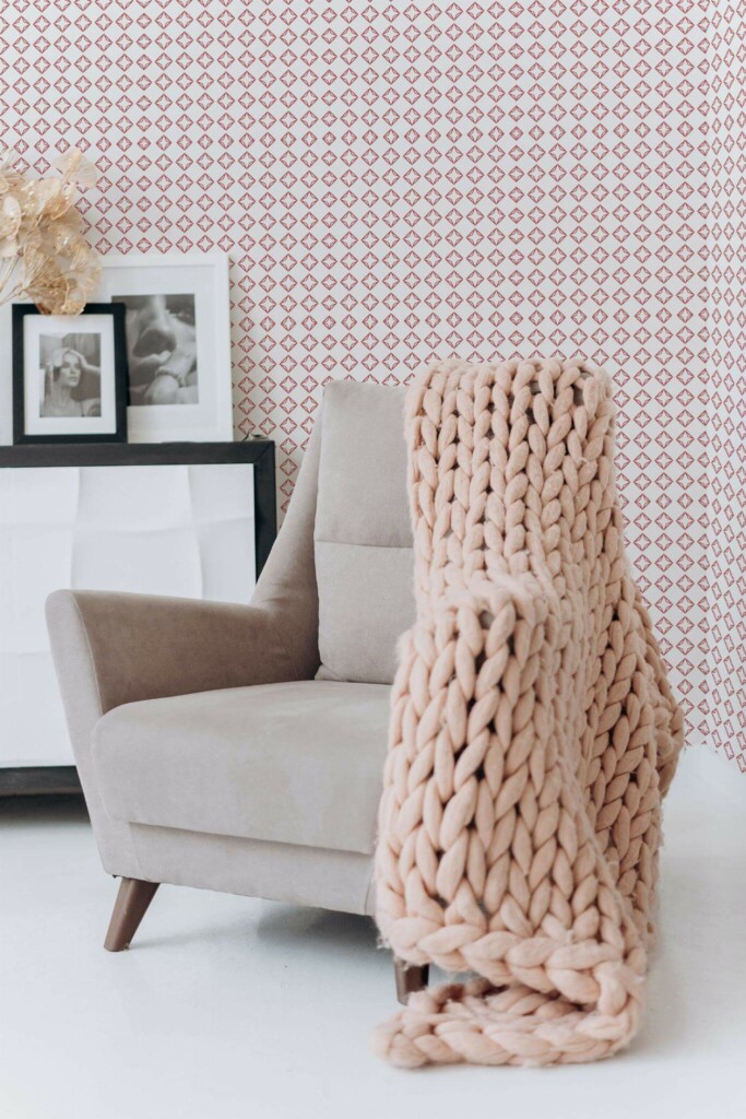 Boho style living room decorated with Diamond peel and stick wallpaper