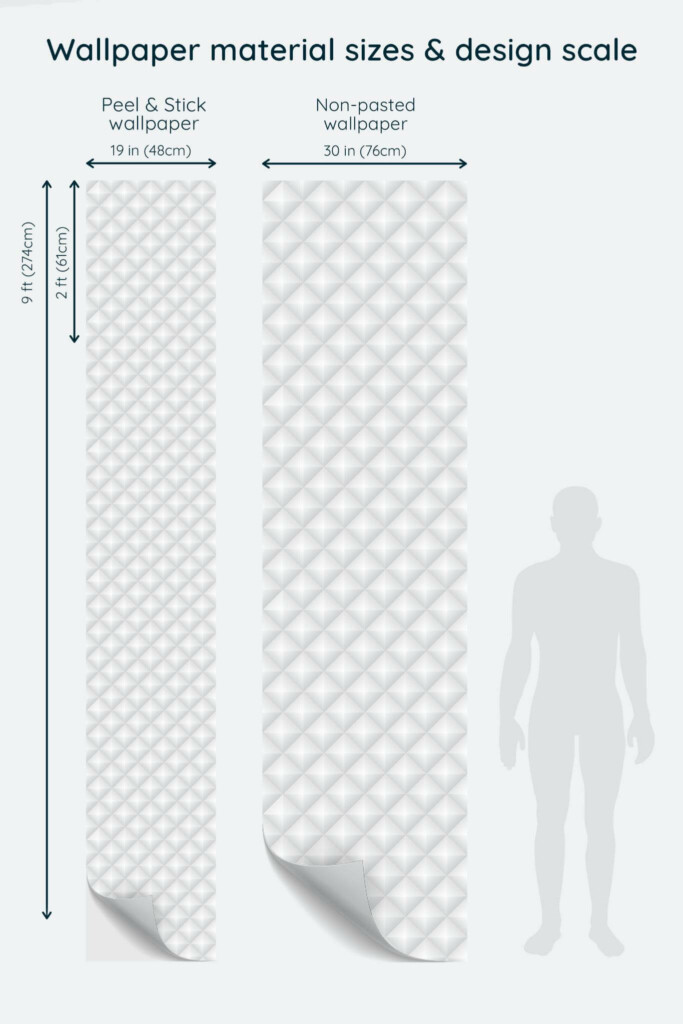 Size comparison of Diamond shape Peel & Stick and Non-pasted wallpapers with design scale relative to human figure