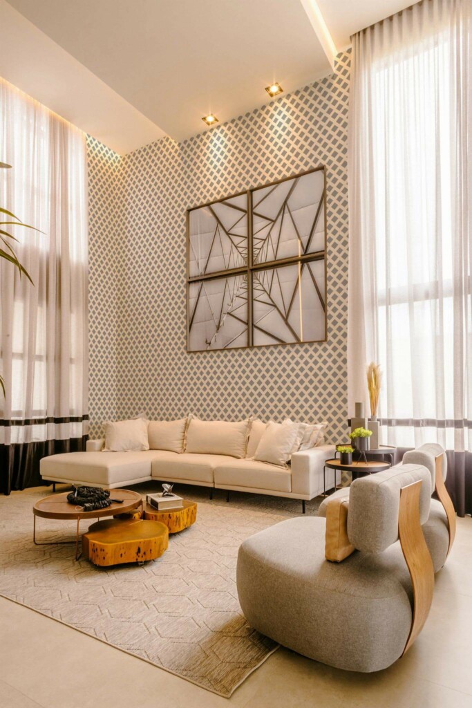 Contemporary style living room decorated with Diamond Shaped peel and stick wallpaper