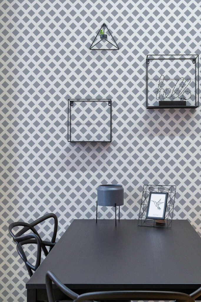 Industrial modern style dining room decorated with Diamond Shaped peel and stick wallpaper