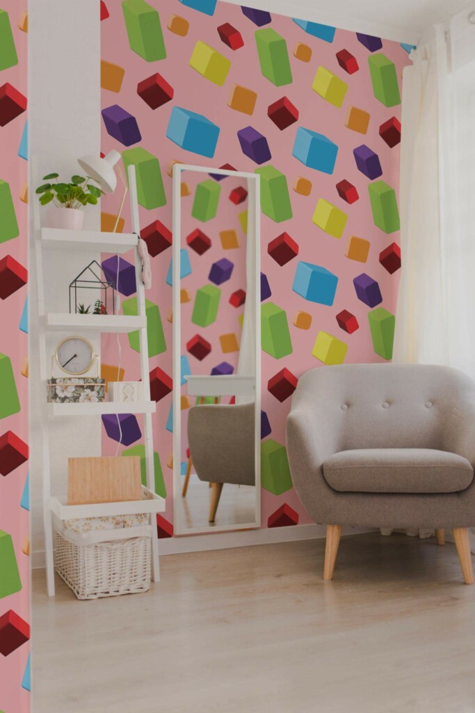 Light boho style living room decorated with Dimensional shapes peel and stick wallpaper