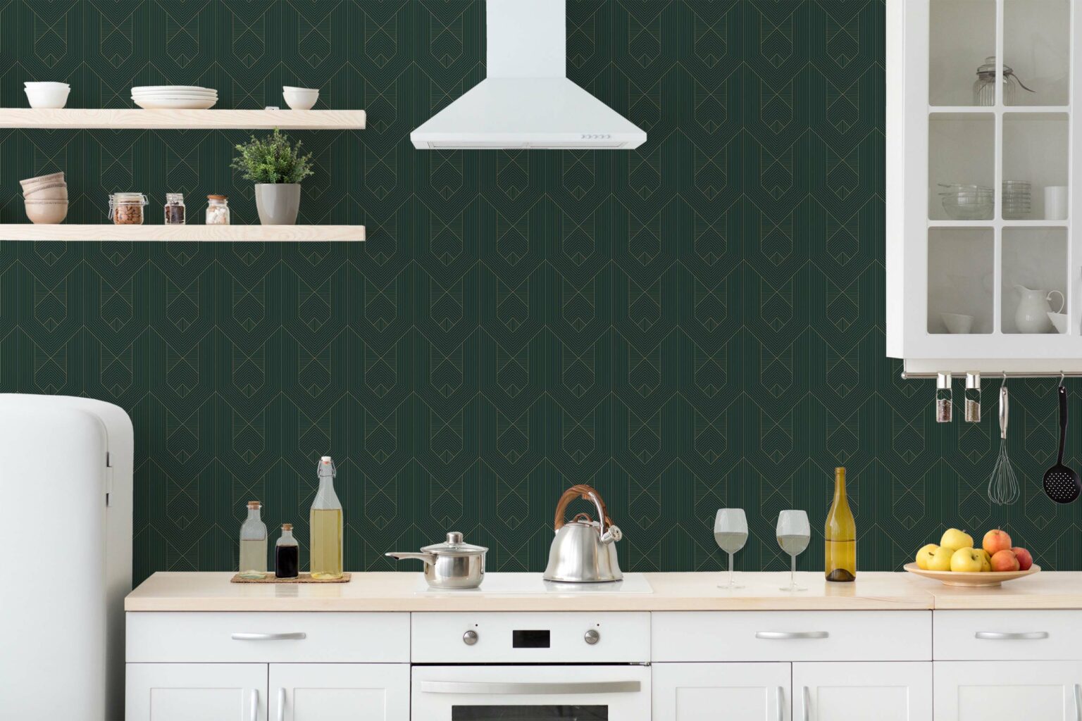 Green Art Deco geometric wallpaper - Peel and Stick or Non-Pasted