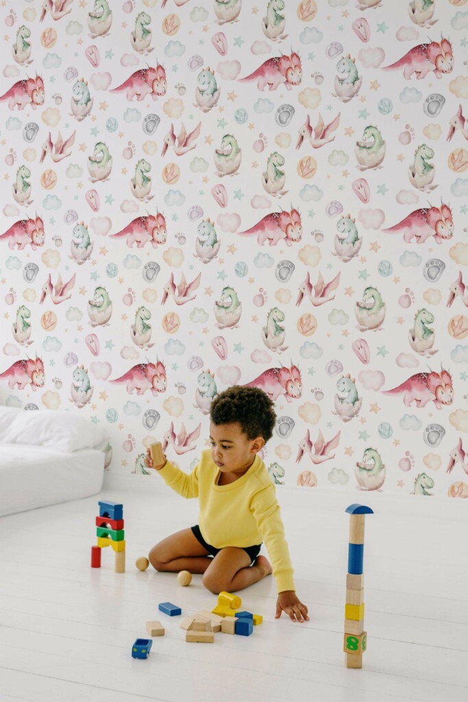 Minimal scandinavian style kids room decorated with Dinosaur nursery peel and stick wallpaper
