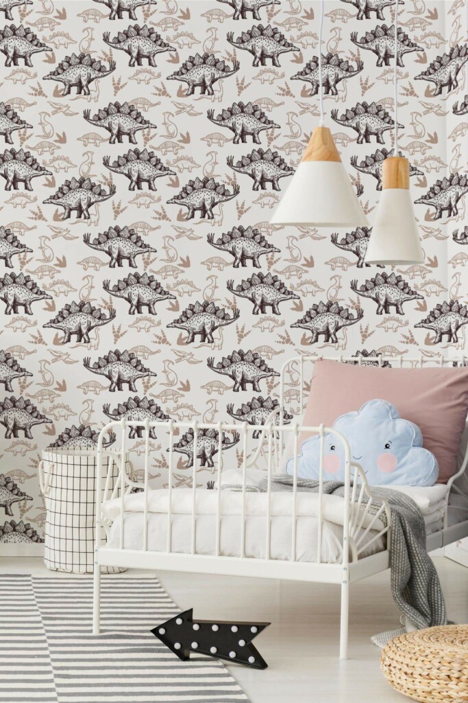 Bohemian style kids room decorated with Dinosaur peel and stick wallpaper