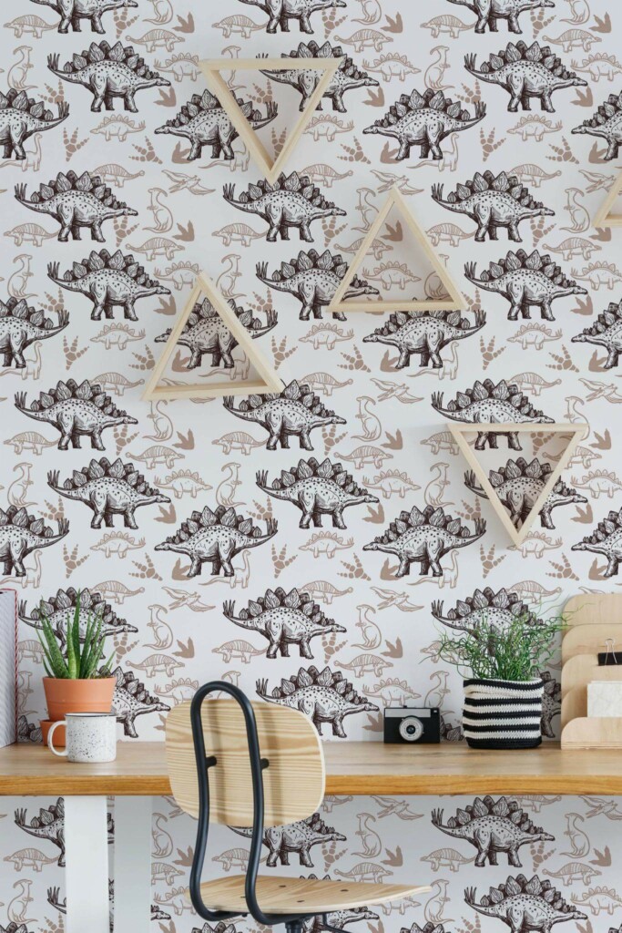 Scandinavian style home office decorated with Dinosaur peel and stick wallpaper