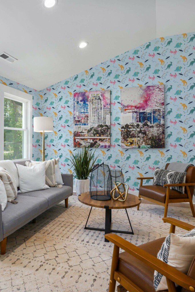 Mid-century modern style living room decorated with Dinosaur space peel and stick wallpaper and colorful funky artwork