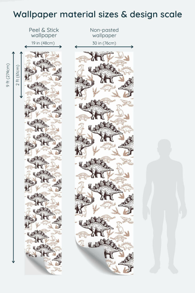 Size comparison of Dinosaur Peel & Stick and Non-pasted wallpapers with design scale relative to human figure