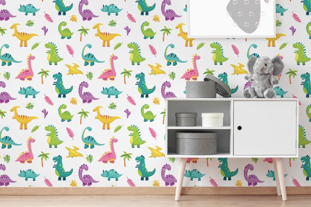 Multicolor dinosaur peel and stick wallpaper