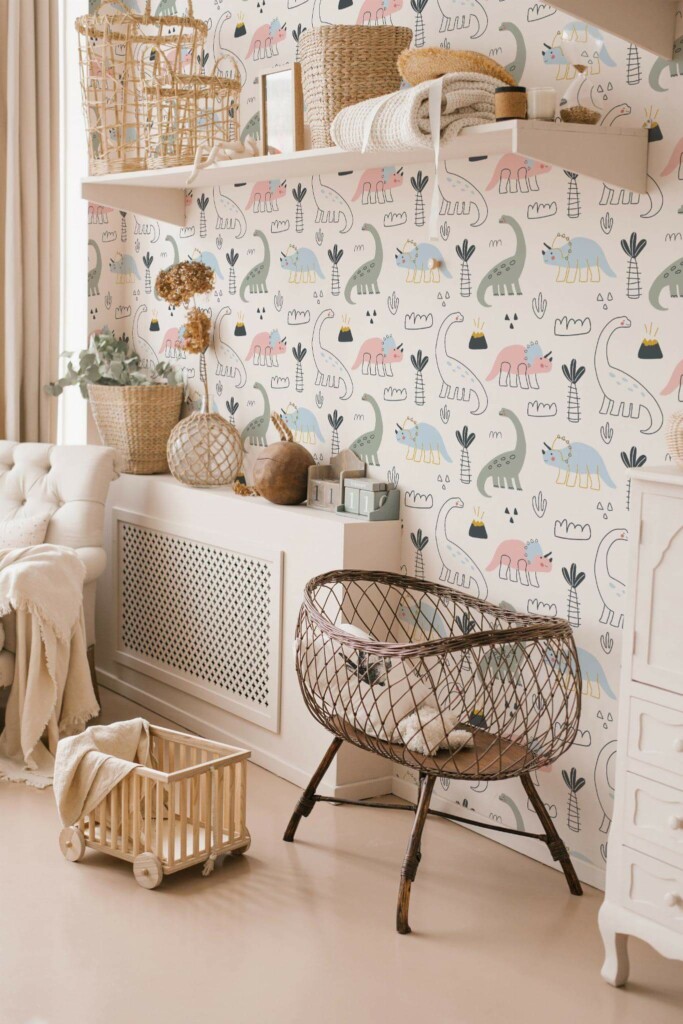 Neutral style nursery decorated with Dinosaurs peel and stick wallpaper