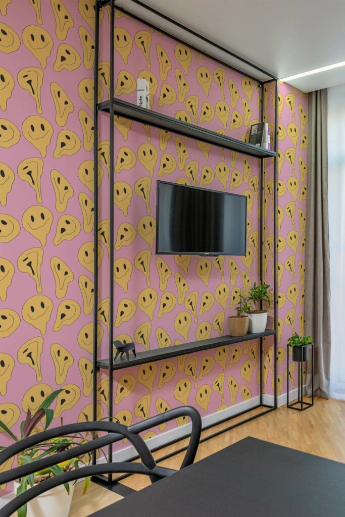 Industrial style living room decorated with Distort emoji peel and stick wallpaper