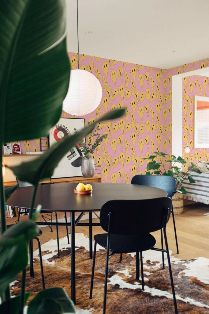 Scandinavian style dining room decorated with Distort emoji peel and stick wallpaper