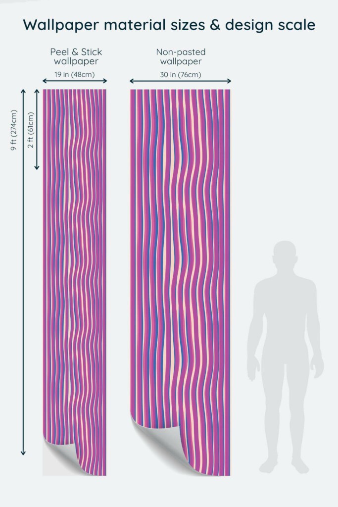 Size comparison of Distorted lines Peel & Stick and Non-pasted wallpapers with design scale relative to human figure
