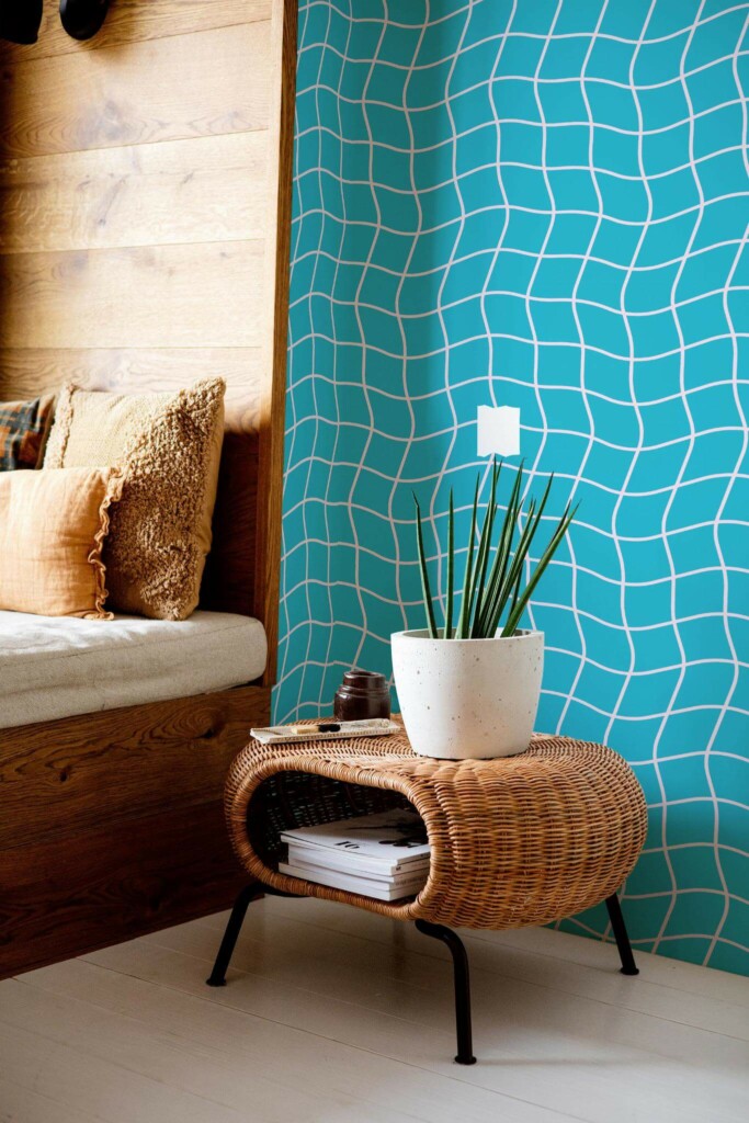 Mid-century modern style bedroom decorated with Distorted swimming pool peel and stick wallpaper