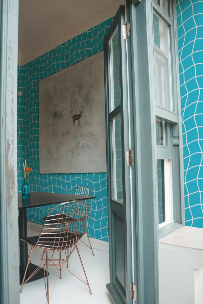 Minimal coastal style cafe decorated with Distorted swimming pool peel and stick wallpaper