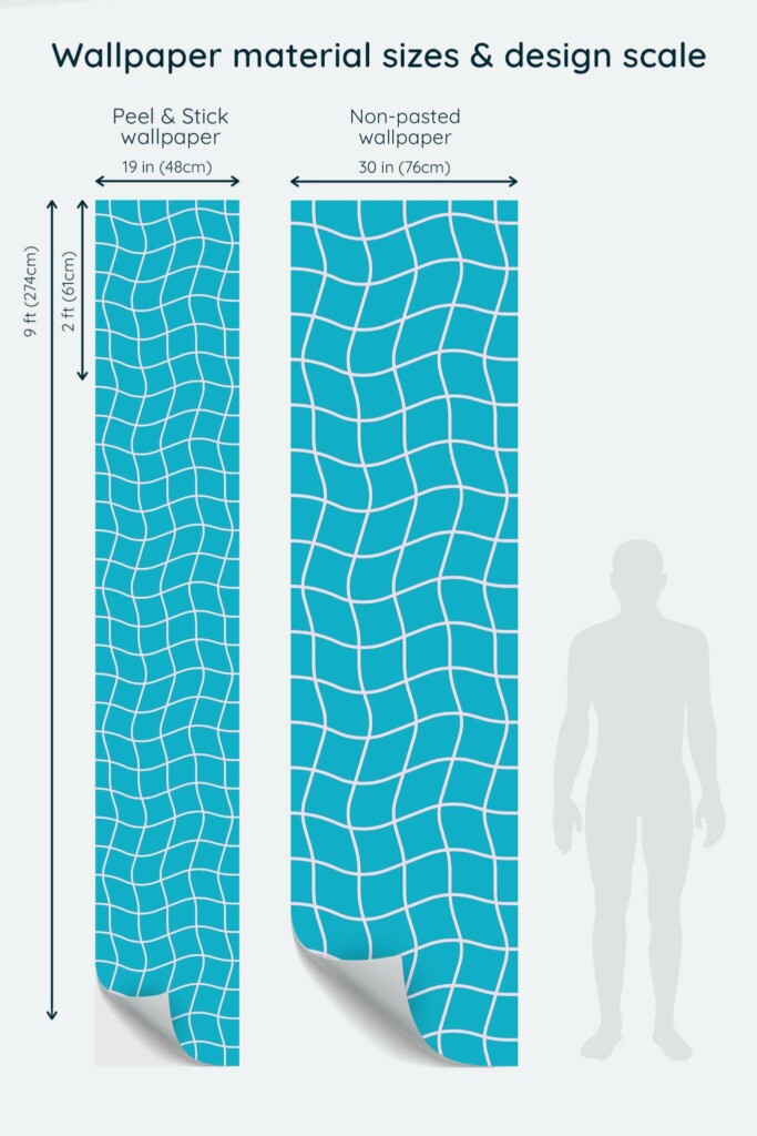 Size comparison of Distorted swimming pool Peel & Stick and Non-pasted wallpapers with design scale relative to human figure
