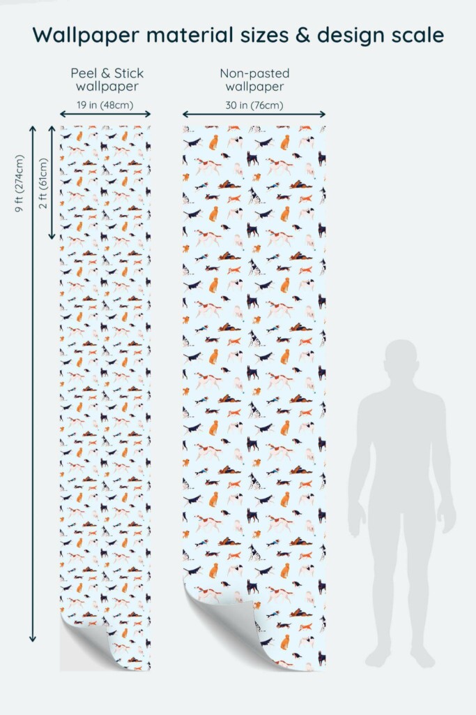 Size comparison of Dog Peel & Stick and Non-pasted wallpapers with design scale relative to human figure