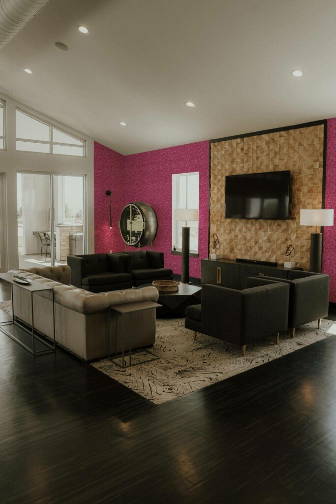 Hollywood glam style living room decorated with Doll House Glitter Effect peel and stick wallpaper