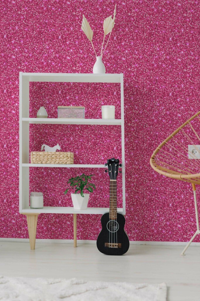 Minimal boho style living room decorated with Doll House Glitter Effect peel and stick wallpaper