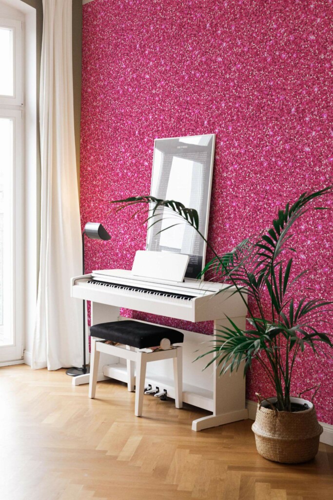 Modern style living room with a piano decorated with Doll House Glitter Effect peel and stick wallpaper