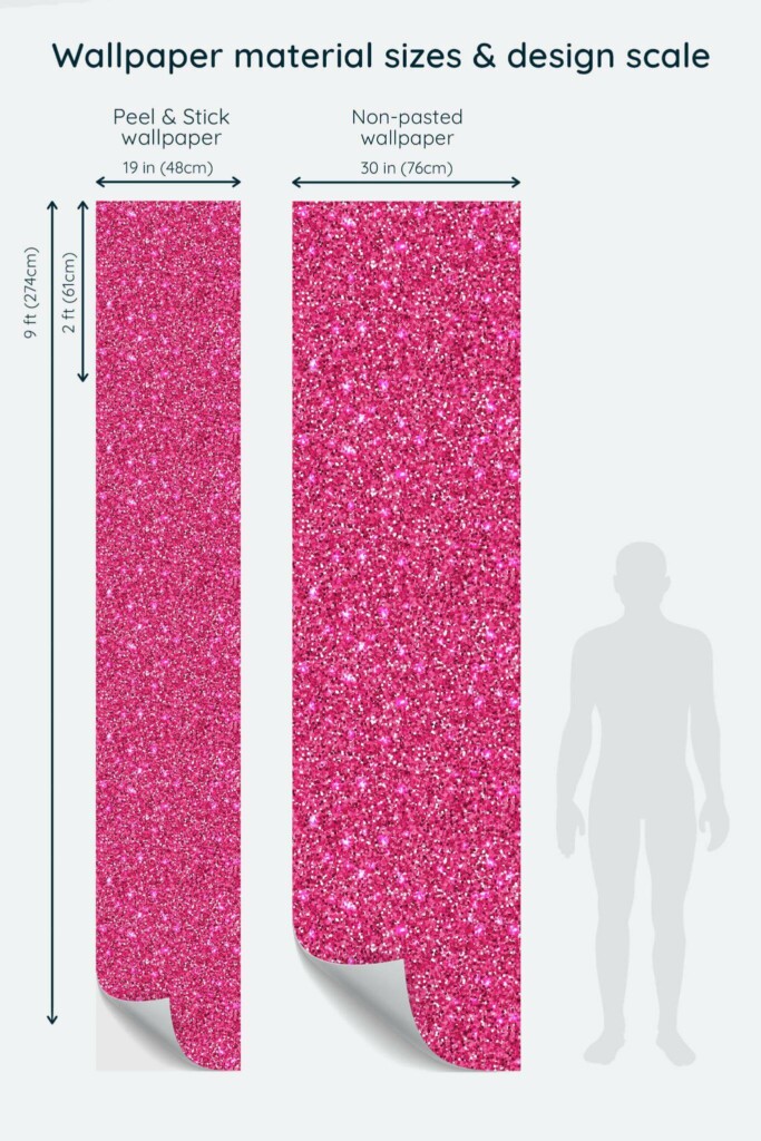 Size comparison of Doll House Glitter Pattern Peel & Stick and Non-pasted wallpapers with design scale relative to human figure