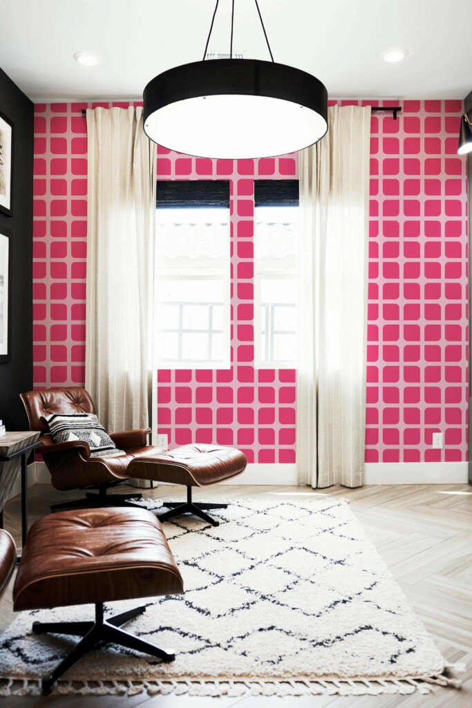 MId-century modern style living room decorated with Doll House Inspired Geometric peel and stick wallpaper