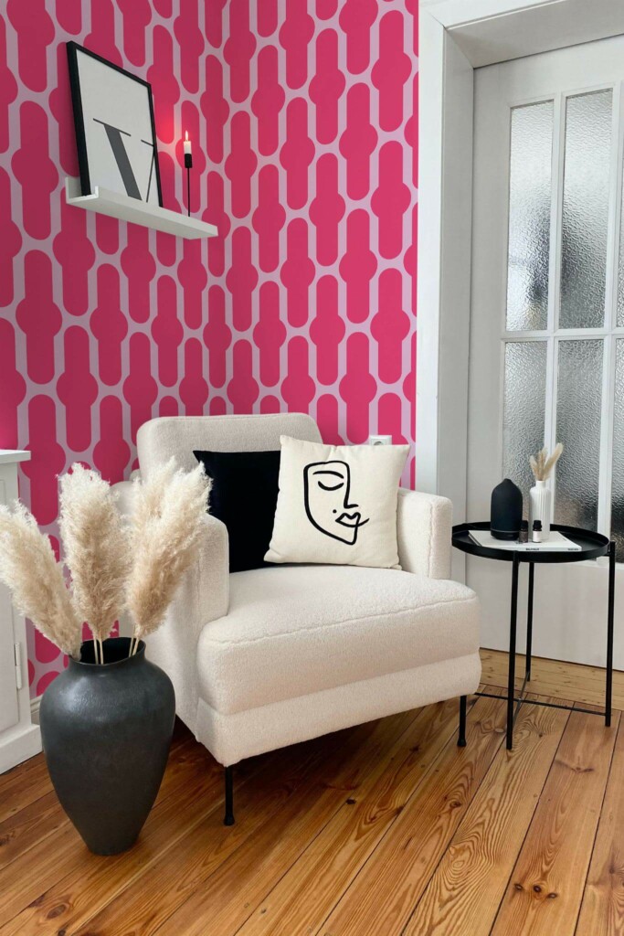 Modern boho style living room decorated with Doll Inspired Home peel and stick wallpaper