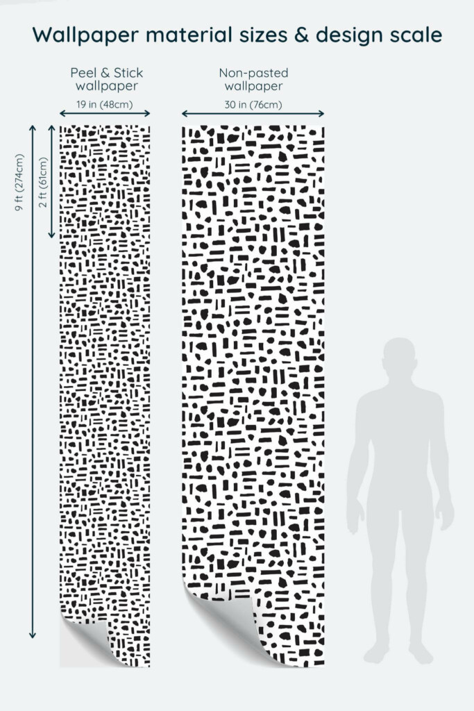 Size comparison of Dots and lines Peel & Stick and Non-pasted wallpapers with design scale relative to human figure