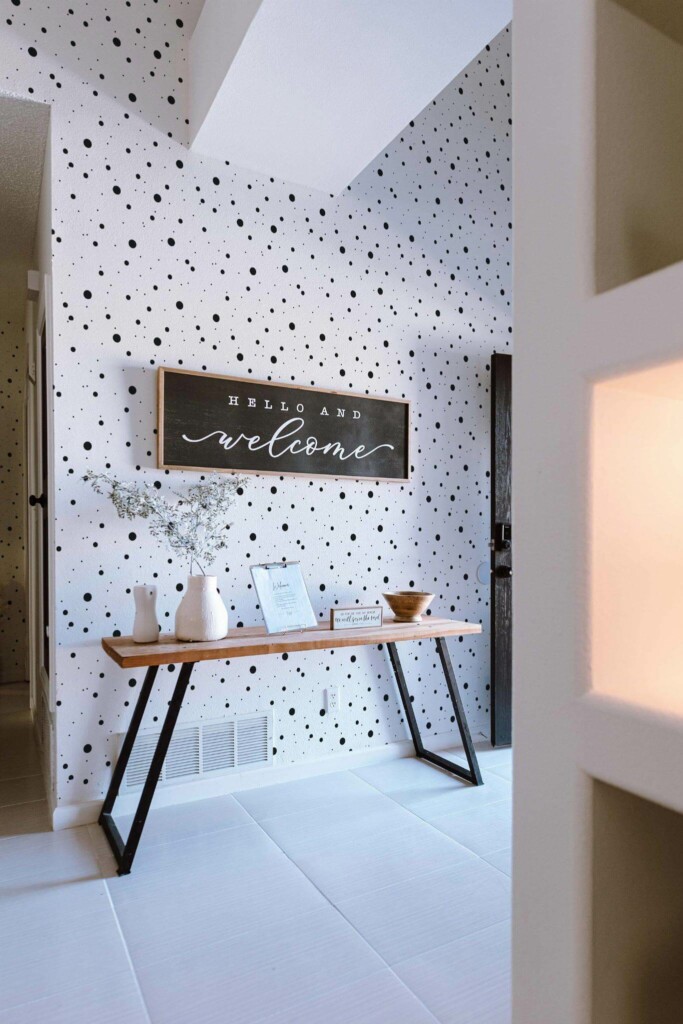 Minimal farmhouse style entryway decorated with Dots peel and stick wallpaper