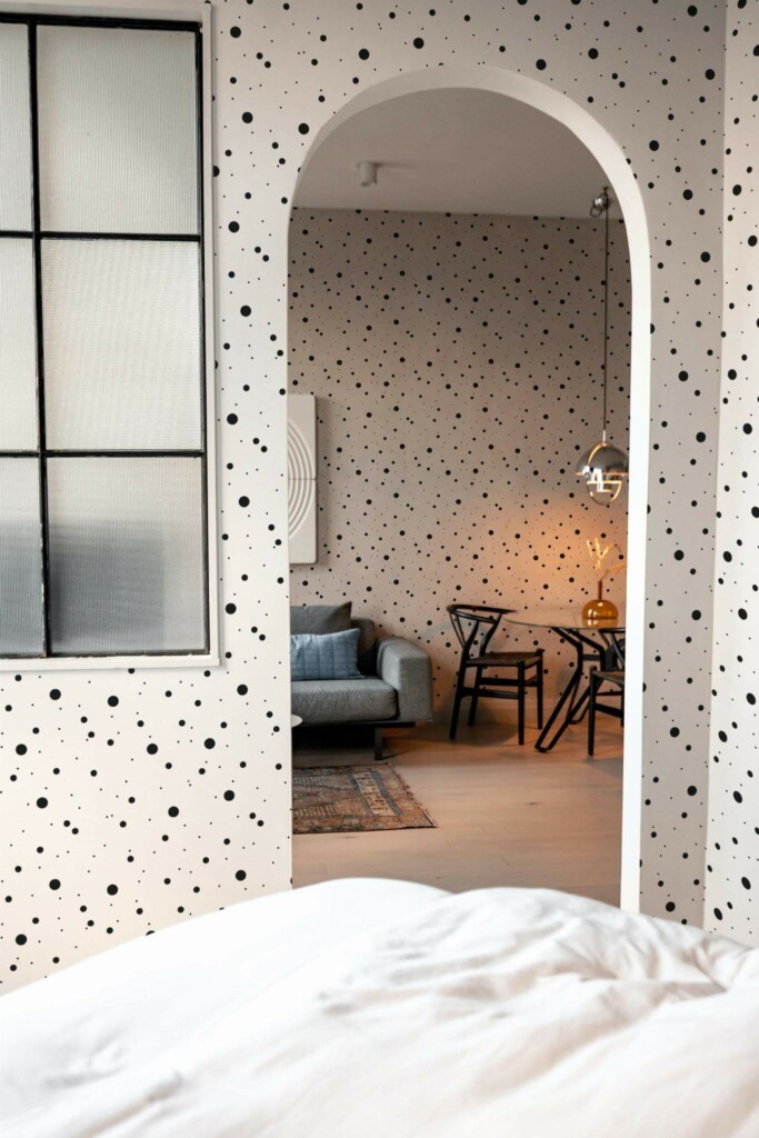 Modern scandinavian style living room decorated with Dots peel and stick wallpaper