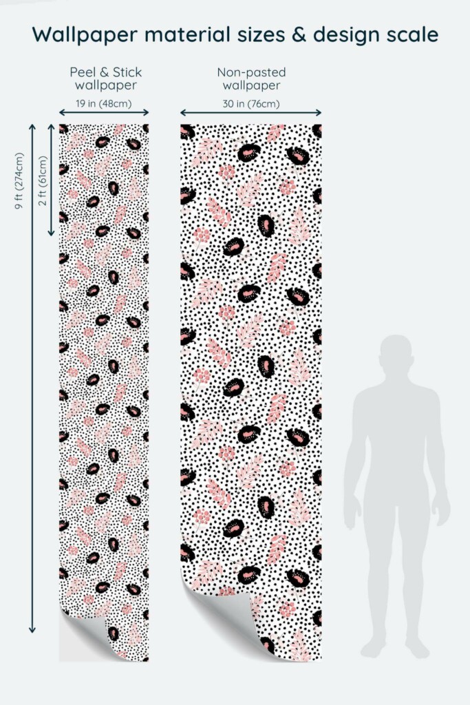 Size comparison of Dotted floral Peel & Stick and Non-pasted wallpapers with design scale relative to human figure