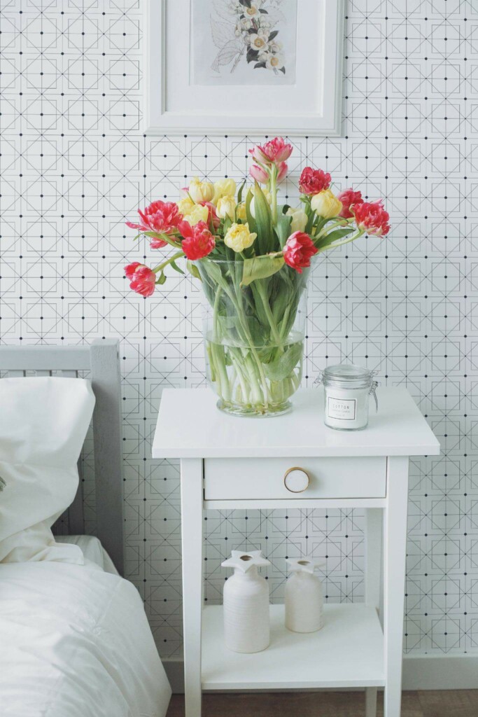 Farmhouse style bedroom decorated with Dotted Geometric square peel and stick wallpaper