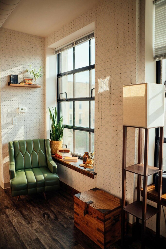 Mid-century style living room decorated with Dotted Geometric square peel and stick wallpaper