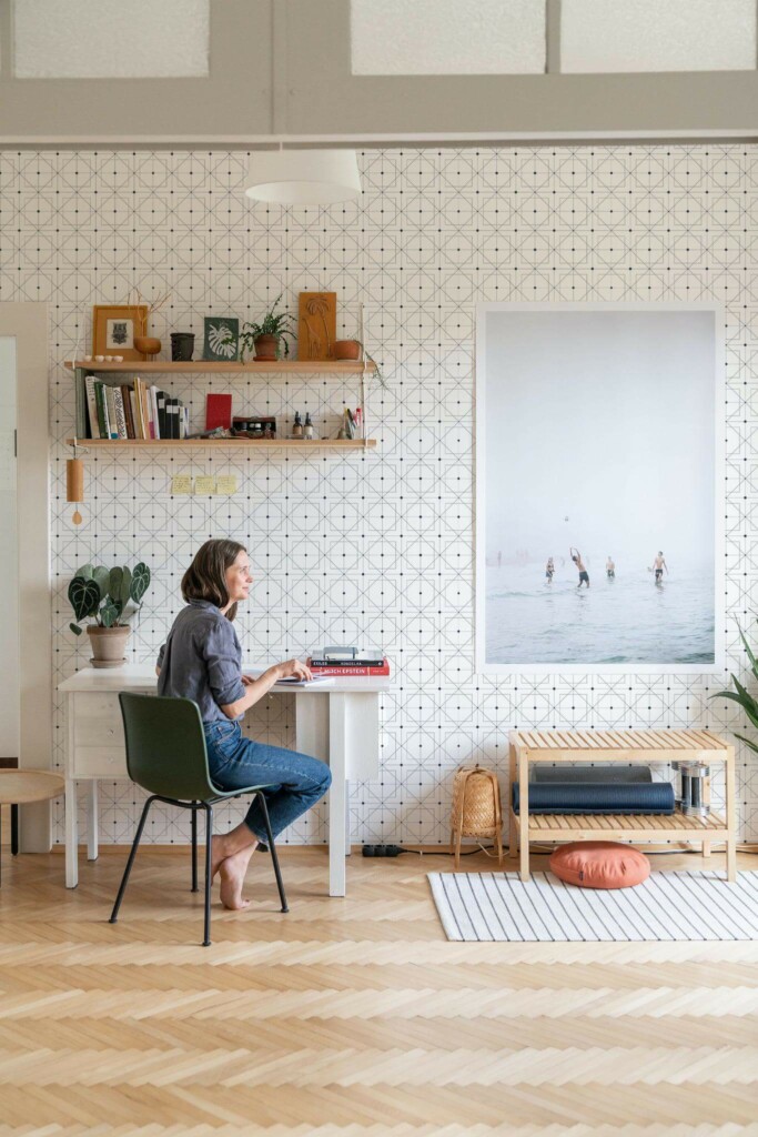 Simple Coastal style home office decorated with Dotted Geometric square peel and stick wallpaper