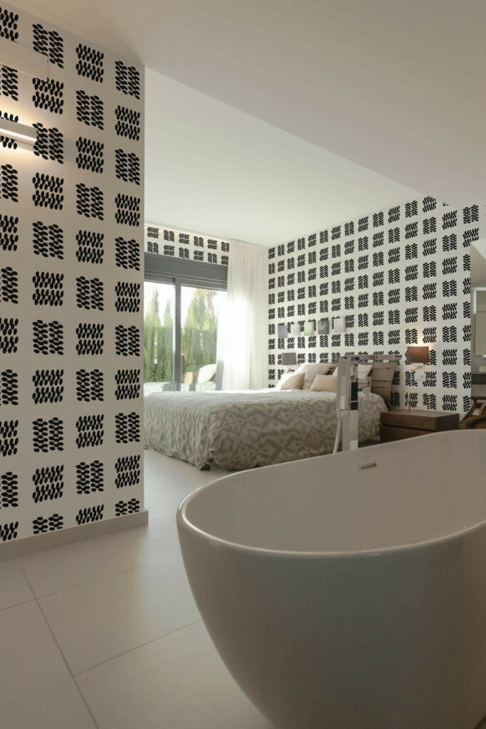 Modern style bedroom with open bathroom decorated with Dotted square peel and stick wallpaper