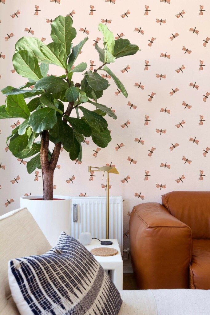 Mid-century style living room decorated with Dragonflies peel and stick wallpaper